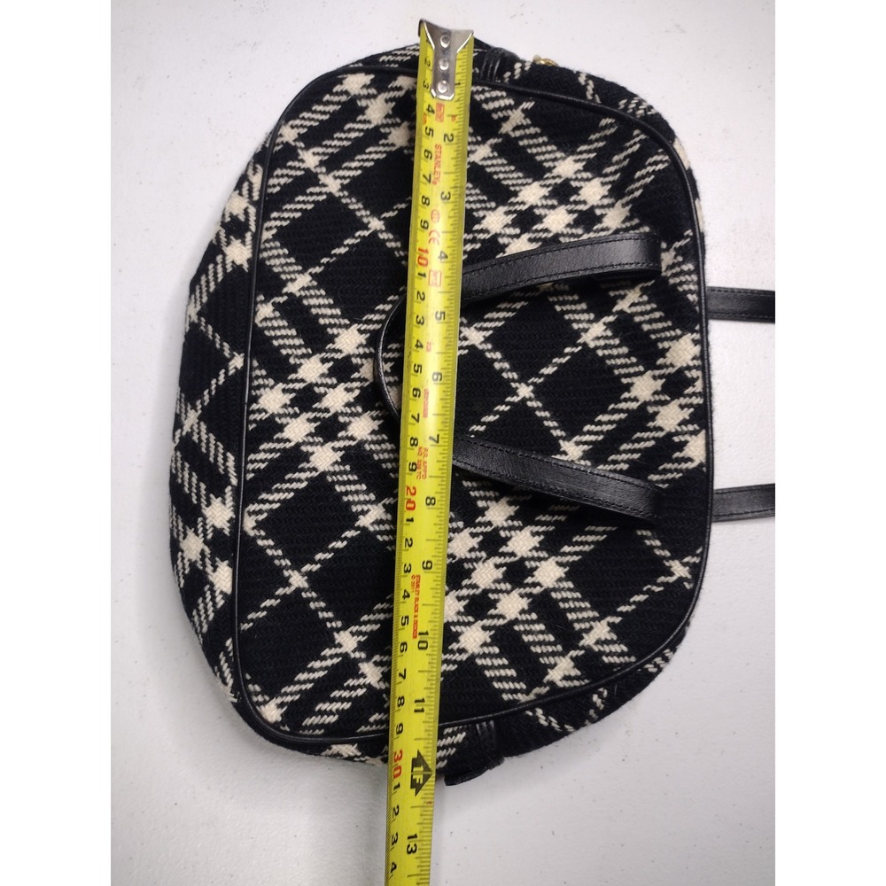 Burberry London Black White‎ Diagonal Plaid Wool Leather Satchel Handbag Italy - Picture 5 of 7
